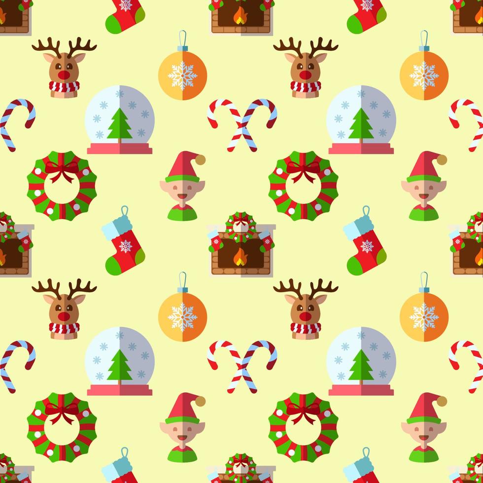 New Year, holiday, Christmas concept. Seamless pattern of deer, bauble, sweet, wreath, fireplace. Perfect for wrapping, postcards, covers, fabric, textile vector