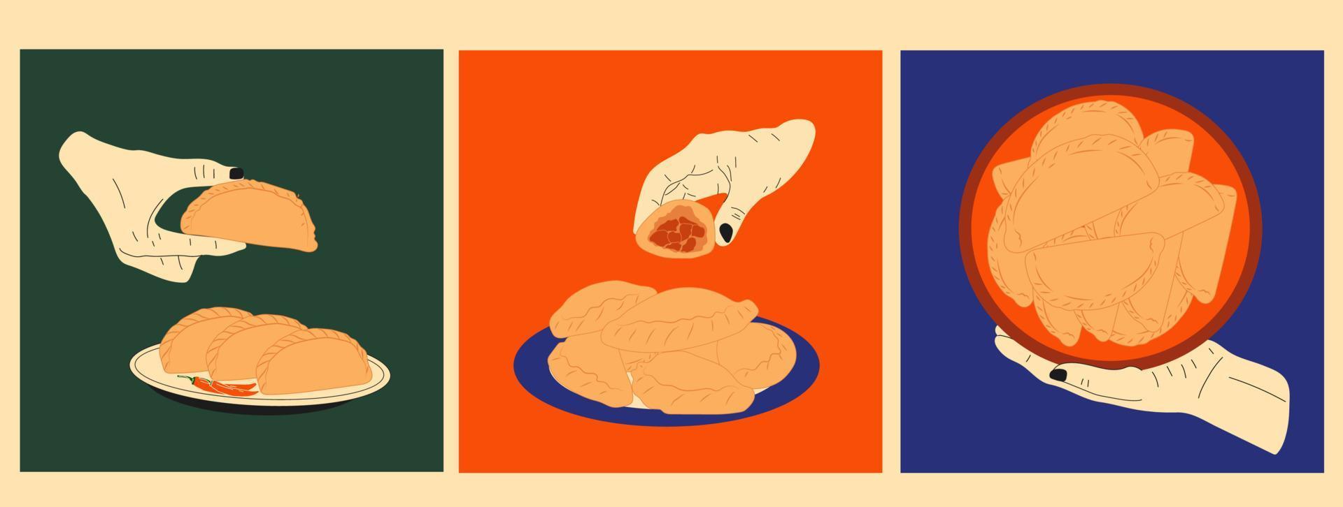 juego de tres empuñaduras de mano. empanadas de comida latinoamericana en plato. vector en estilo de dibujos animados.