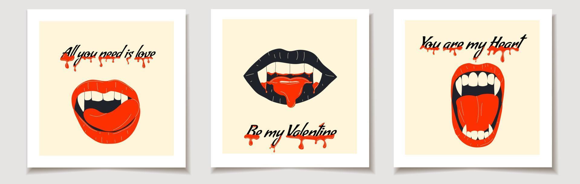 Set of Valentine's day Vampire mouth with fangs set. Closed, open female red lips with long pointed canine teeth and bloody saliva express different emotions. Kiss illustration.i Vector illustration