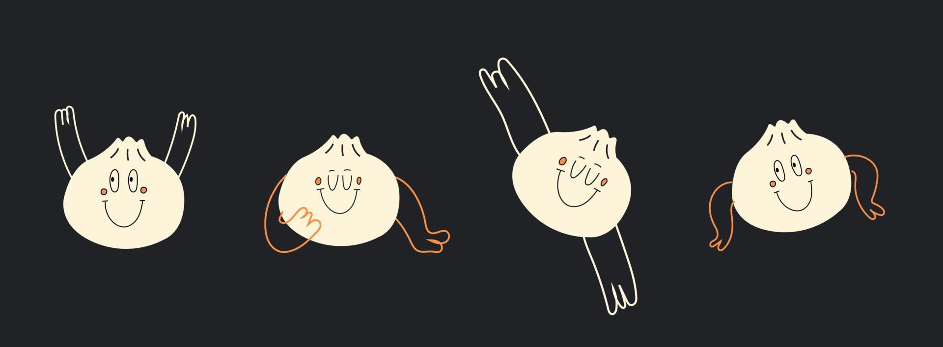 Set of Various black and white of dumplings, dim sum with face emotions, hands and legs. Hand drawn trendy Vector illustration for kids. Cute funny characters. All elements are isolated