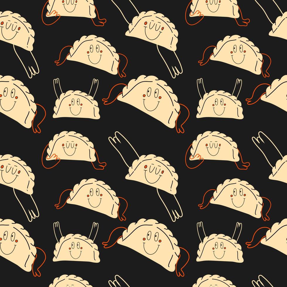 Seamless pattern Set of Various black and white of dumplings, dim sum with face emotions, hands and legs vector