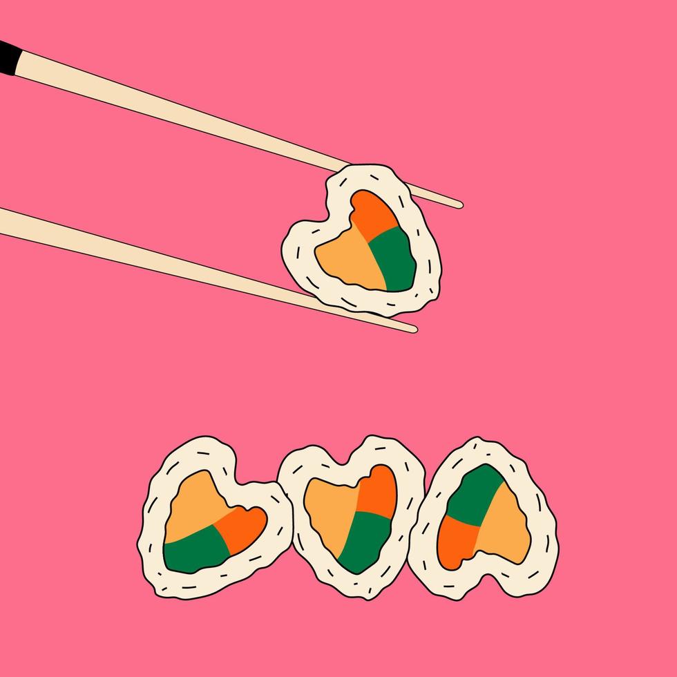 Heart-shaped sushi and chopsticks vector illustration. love or valentine or love theme.