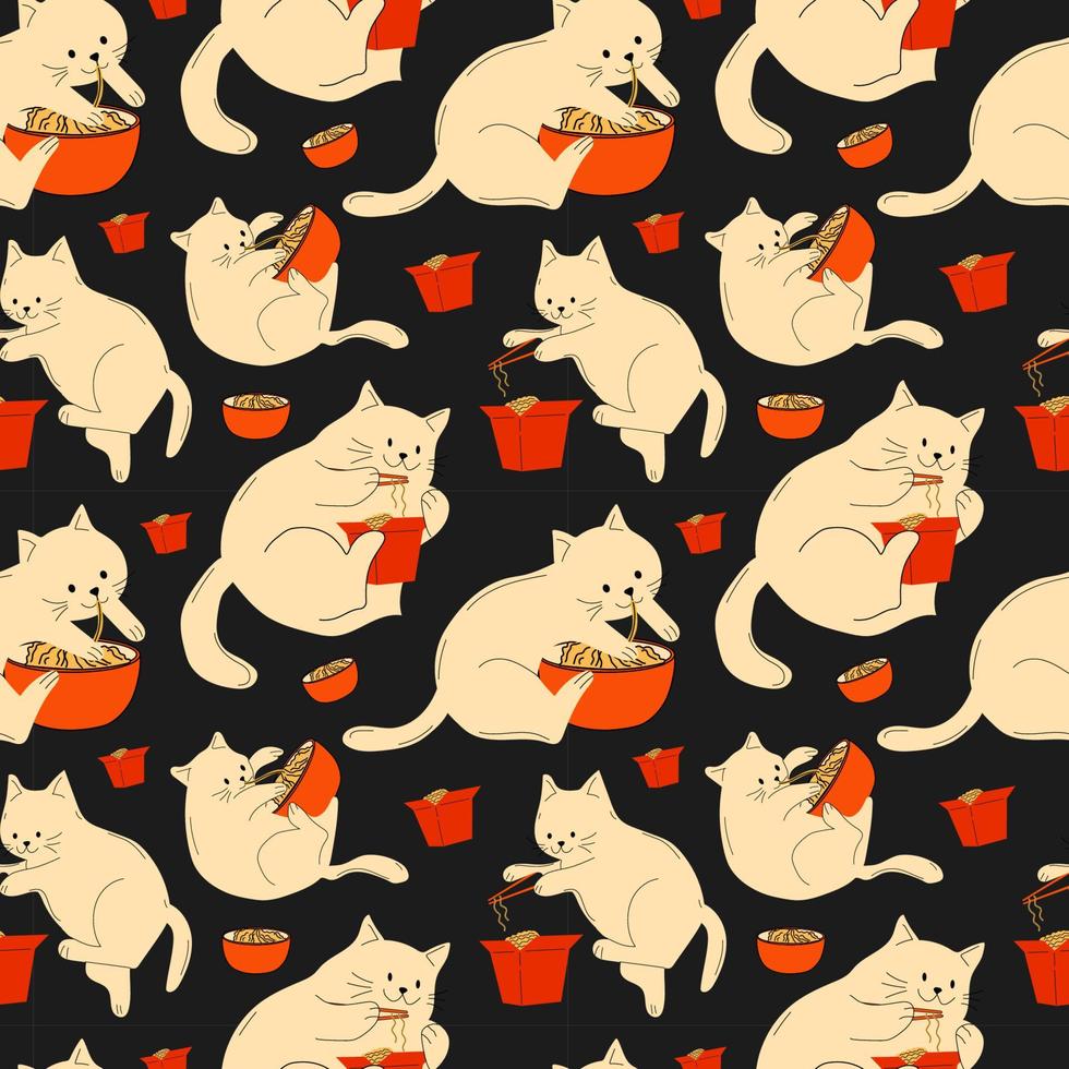 Seamless pattern with Cutest cats eating noodles and uses chopsticks. Ramen. Asian food. vector