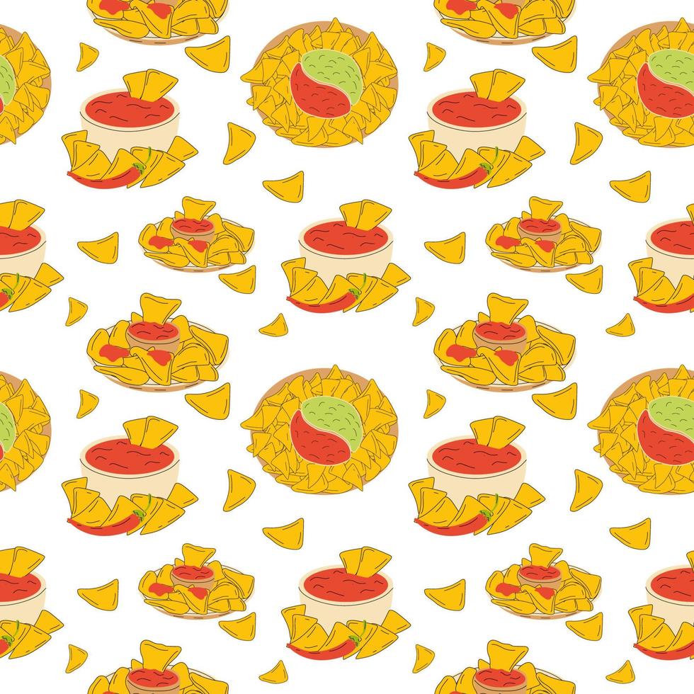 Seamless pattern with Nachos and chili pepper salsa. Mexican nachos chips fast food snack vector