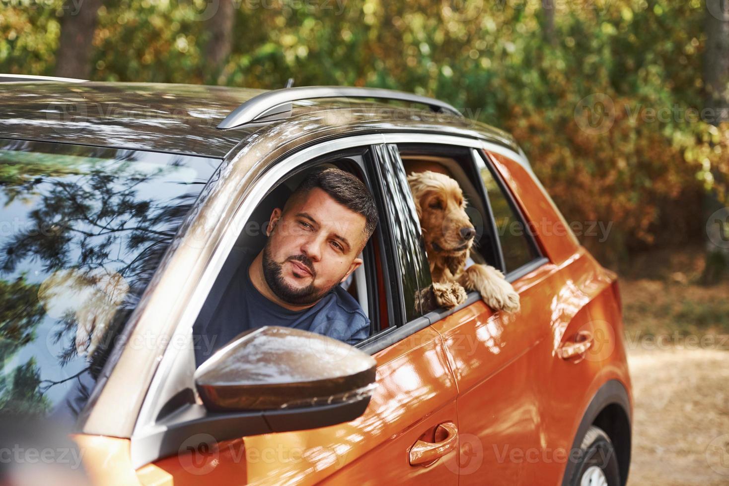 Man sits in the modern car in the forest with his dog at weekend time photo