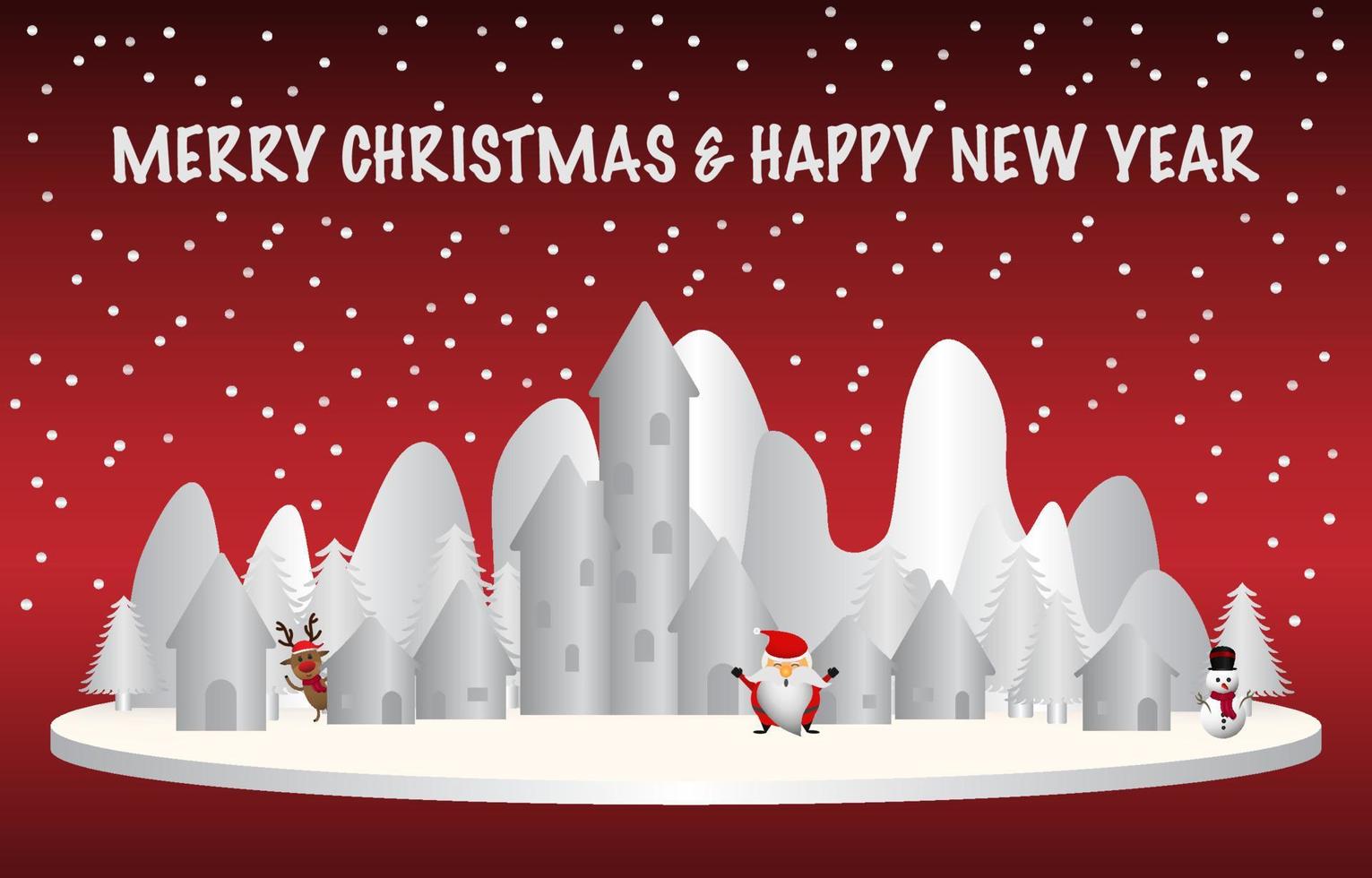 Feliz navidad y próspero año nuevo. santa claus, muñeco de nieve y renos se paran en el podio blanco. hay pueblos, pinos, montañas nevadas, texto navideño nevando y brillante sobre un fondo rojo. vector