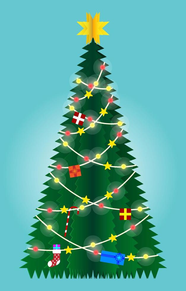 arte de papel de árbol de navidad y estilo artesanal digital sobre fondo azul. Feliz navidad y próspero año nuevo. diseño para tarjeta de felicitación navideña o póster. ilustración vectorial vector