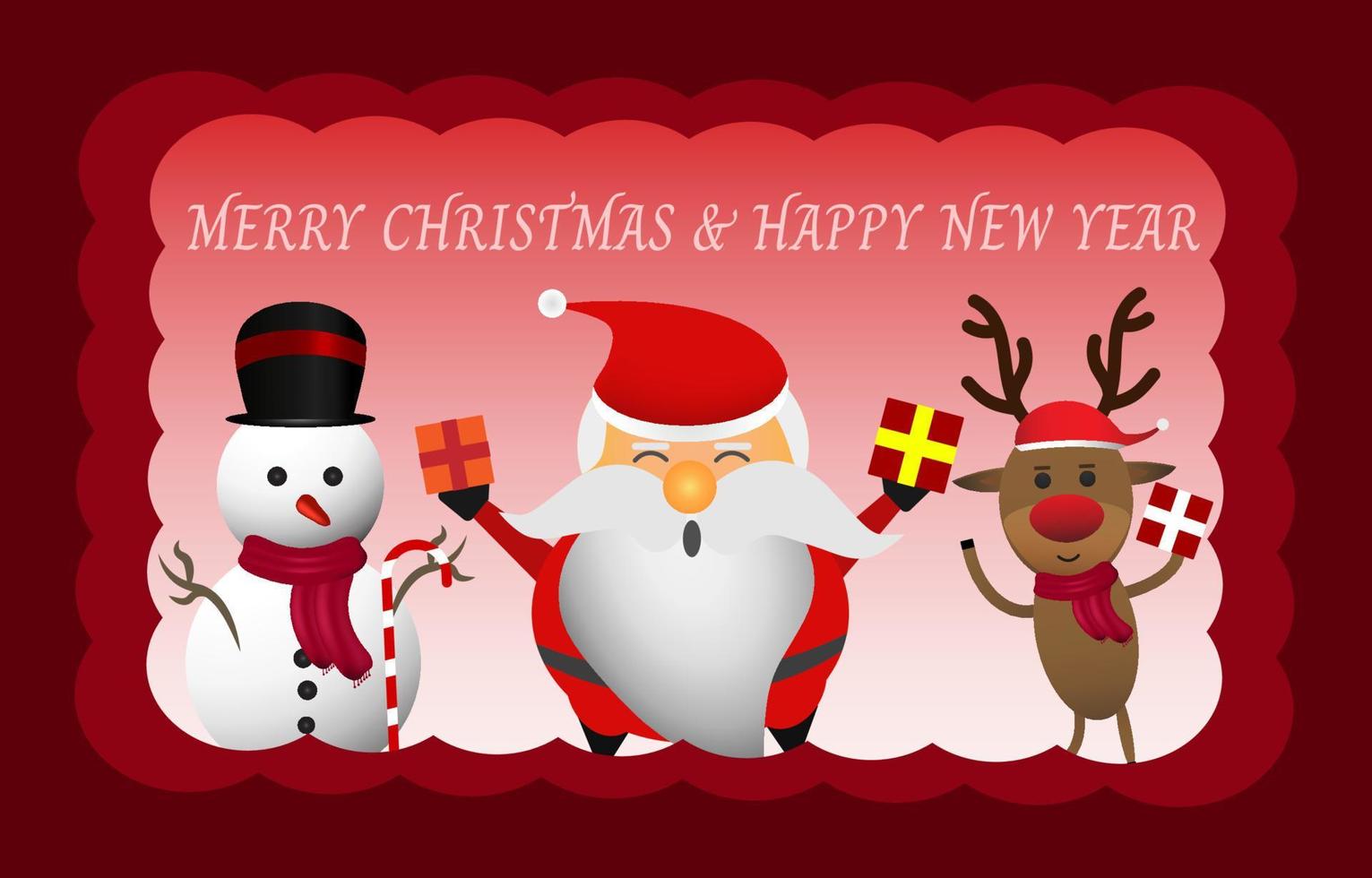 Merry Christmas and Happy New Year. Santa Claus snowman reindeer give a surprise gift on a red background and Christmas text in a red themed frame. Design for greeting card banner poster in paper cut. vector