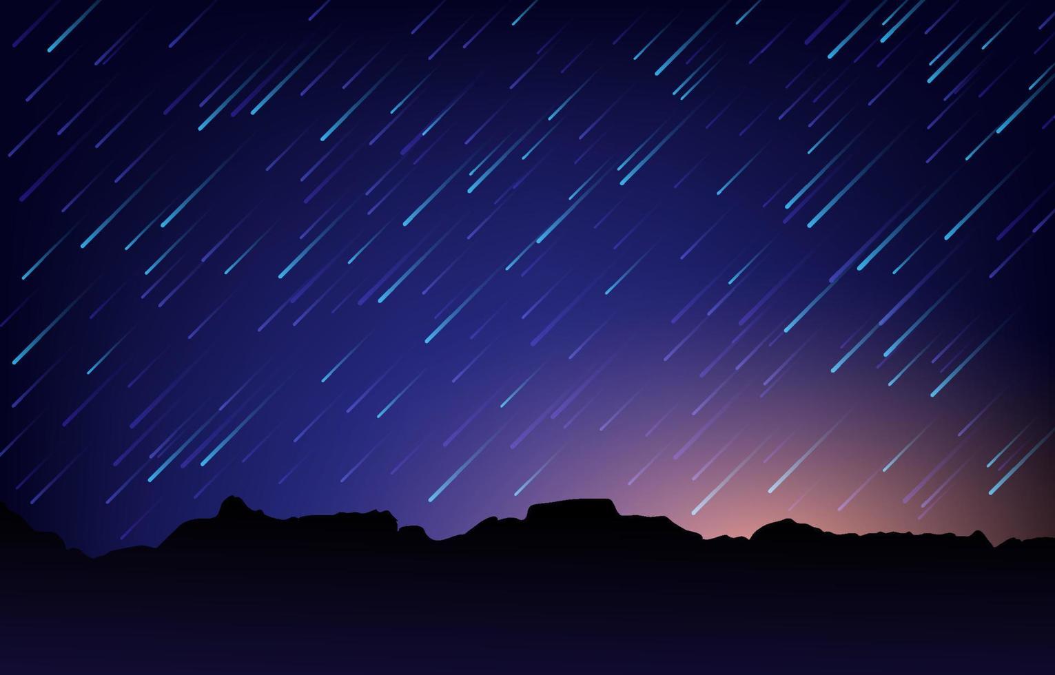 Technology meteor shower event. Shooting stars at night sky. Abstract meteor shower background. Tears of San Lorenzo. Meteor shower falls down with sunrise on the mountain. Vector illustration.