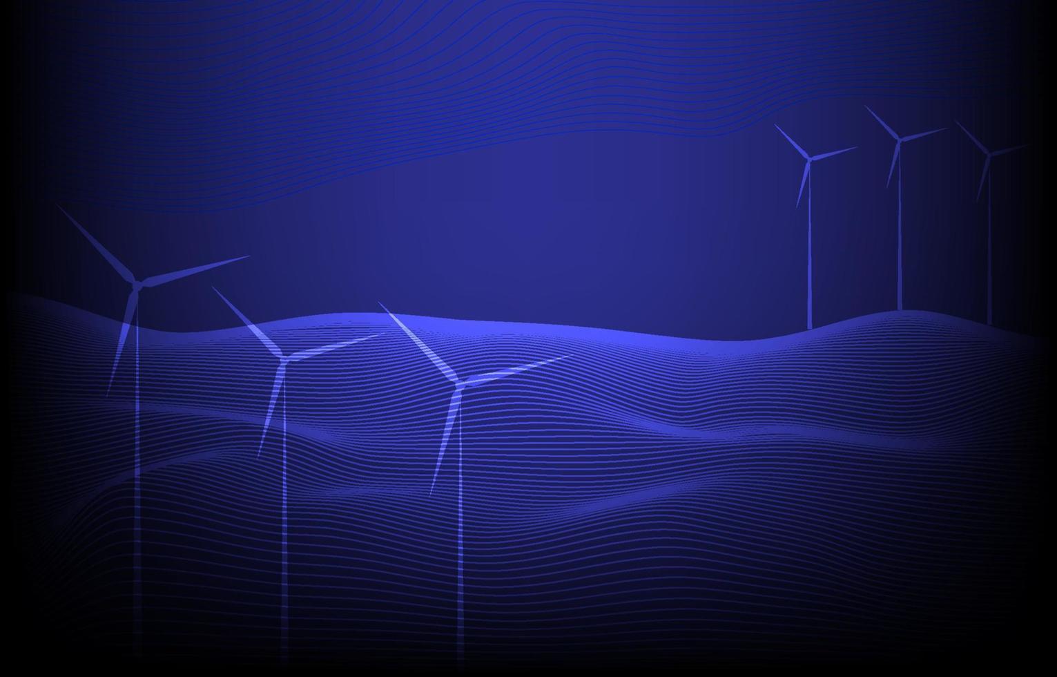 Technology windmill energy. The windmill line connection wireframe design. Abstract geometric line gradient blue background. Vector illustration. Futuristic glowing windmill farm on dark background.