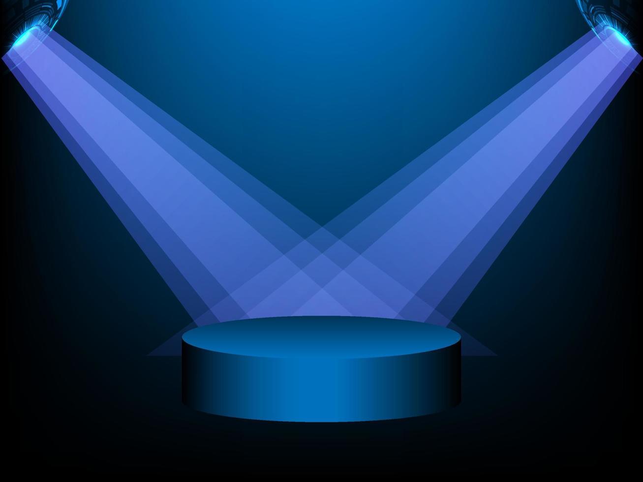 Technology podium with spotlight. Empty blue podium with lighting of spotlights. Blue digital scene for product presentation. Blue neon lamp pedestal in dark background. Vector illustration.