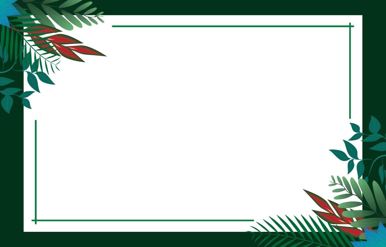 Tropical leaves rectangle frame on white background. Vector invitation cards with herbal twigs branches and corners border frames. Summer party banner vector illustration. Green tropical frame concept