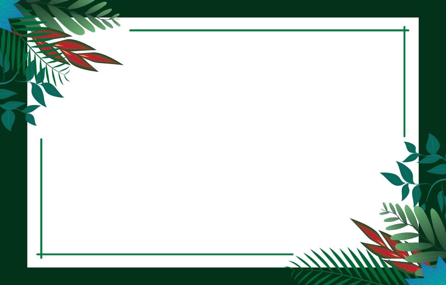 Marco rectangular de hojas tropicales sobre fondo blanco. tarjetas de invitación de vector con ramas de ramitas de hierbas y marcos de borde de esquinas. Ilustración de vector de banner de fiesta de verano. concepto de marco tropical verde