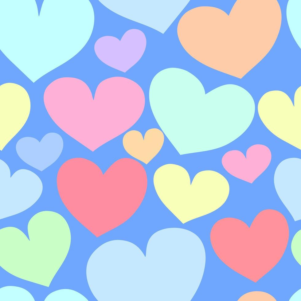 Geometric seamless pattern colorful pastel cute heart in bright blue background. Design for love romance, celebration, wedding, Valentine's Day themes. vector