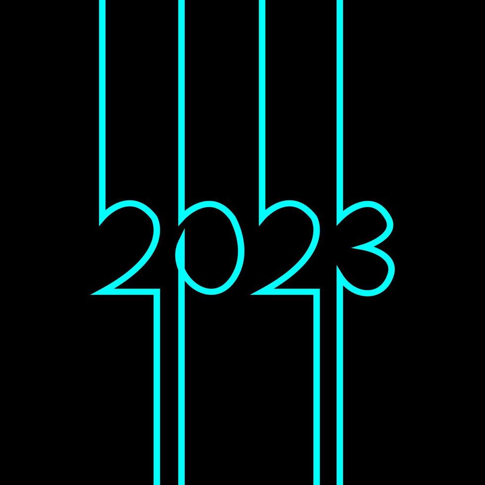 2023 blue neon glow color. Text 2023 graphic on black background. Design for Happy New Year 2023, greeting card, holiday card, calendar, celebration, poster, banner, web. Vector illustration.