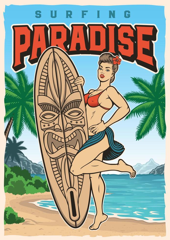 Pin up Girl with a surfboard on the beautiful tropical beach vintage poster vector