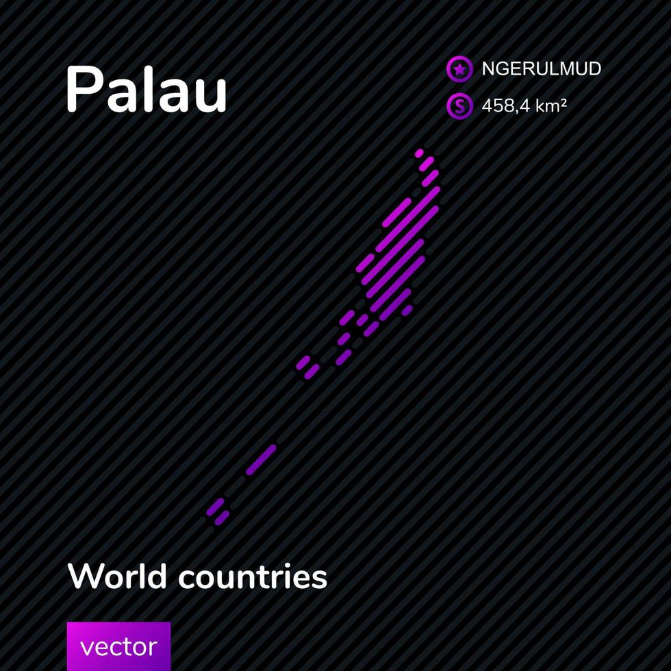 mapa plano estilizado con rayas vectoriales de palau en colores violetas sobre el fondo de rayas negras. pancarta educativa vector