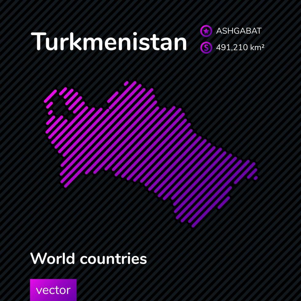 mapa vectorial plano de turkmenistán con textura de rayas violeta, púrpura y rosa sobre fondo negro. banner educativo, cartel sobre turkmenistán vector