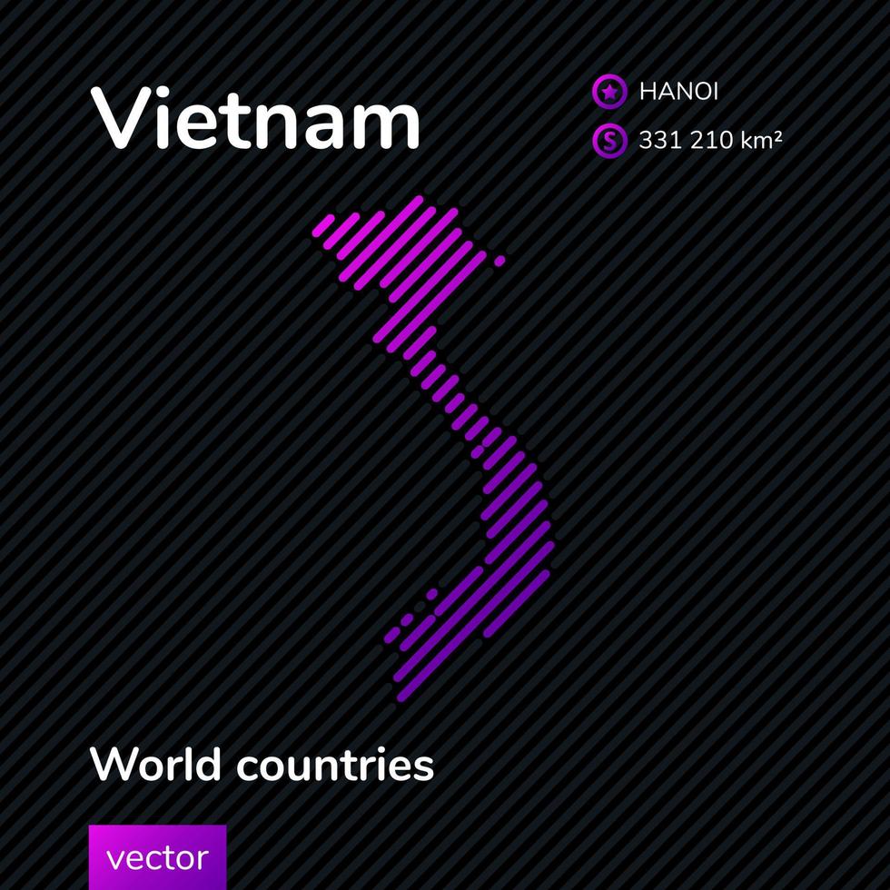 Vector creative digital neon flat line art abstract simple map of Vietnam with violet, purple, pink striped texture on black background. Educational banner, poster about Vietnam