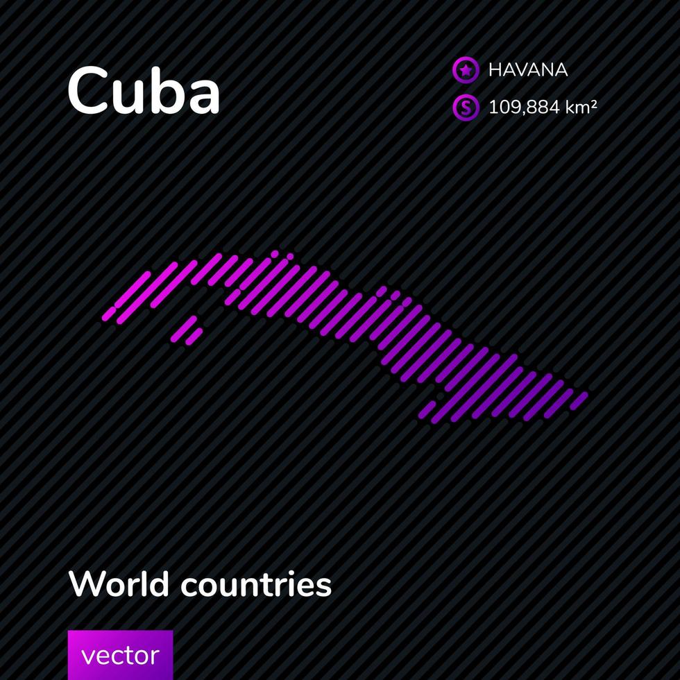 Cuba vector map in trend violet colors on striped black background. Flat style. Educational banner