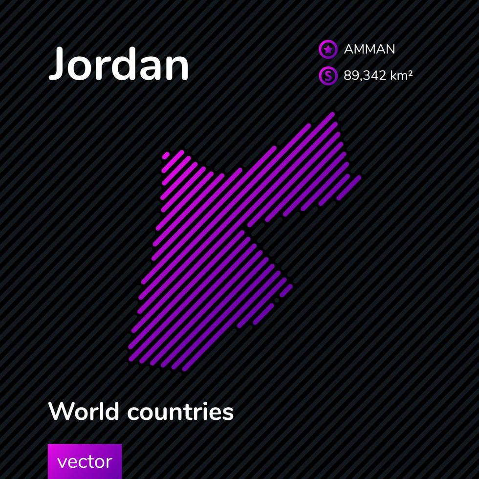 Vector flat map of Jordan with violet, purple, pink striped texture on black background. Educational banner, poster about Jordan