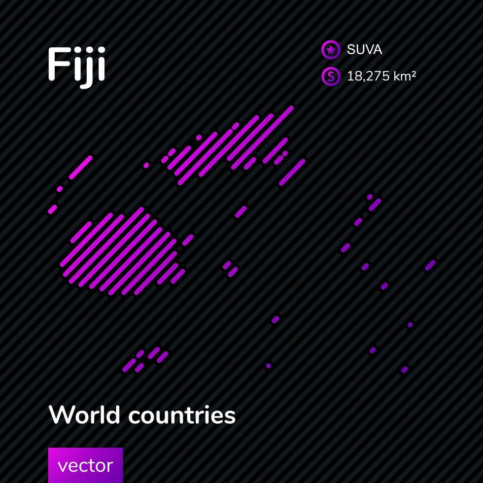 Fiji islands map. Vector creative digital neon flat line art abstract simple map with violet, purple, pink striped texture on black background. Educational banner, poster about Fiji