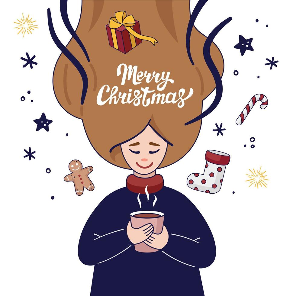 mujer con suéter de pelo largo sostiene una taza con bebida caliente. decoración navideña a su alrededor. personaje de invierno. letras de feliz navidad. ilustración vectorial en estilo garabato. vector
