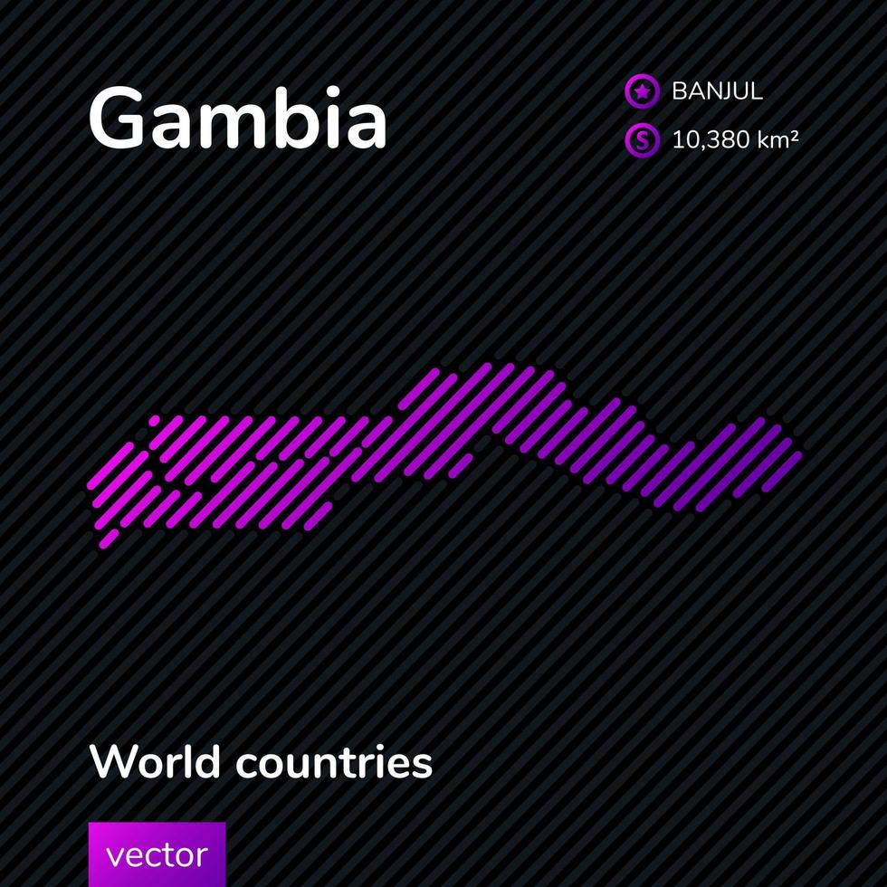 Vector Gambia map made in flat style in purple colors on a black striped background. Educational banner