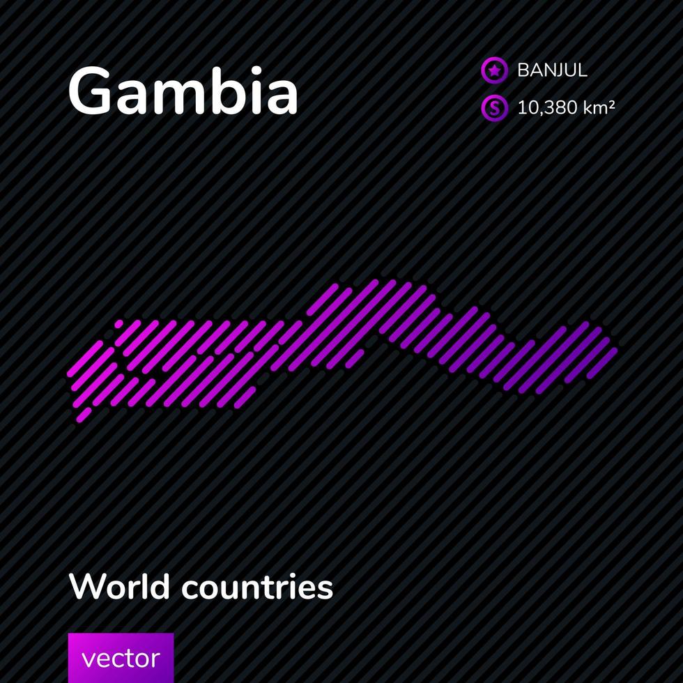 mapa vectorial de gambia hecho en estilo plano en colores morados sobre un fondo de rayas negras. pancarta educativa vector