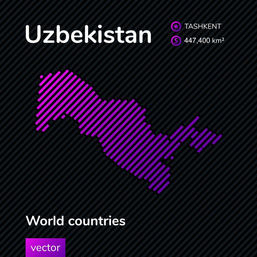 mapa simple plano de neón vectorial de uzbekistán con textura de rayas violetas sobre fondo negro. pancarta educativa, póster sobre uzbekistán vector