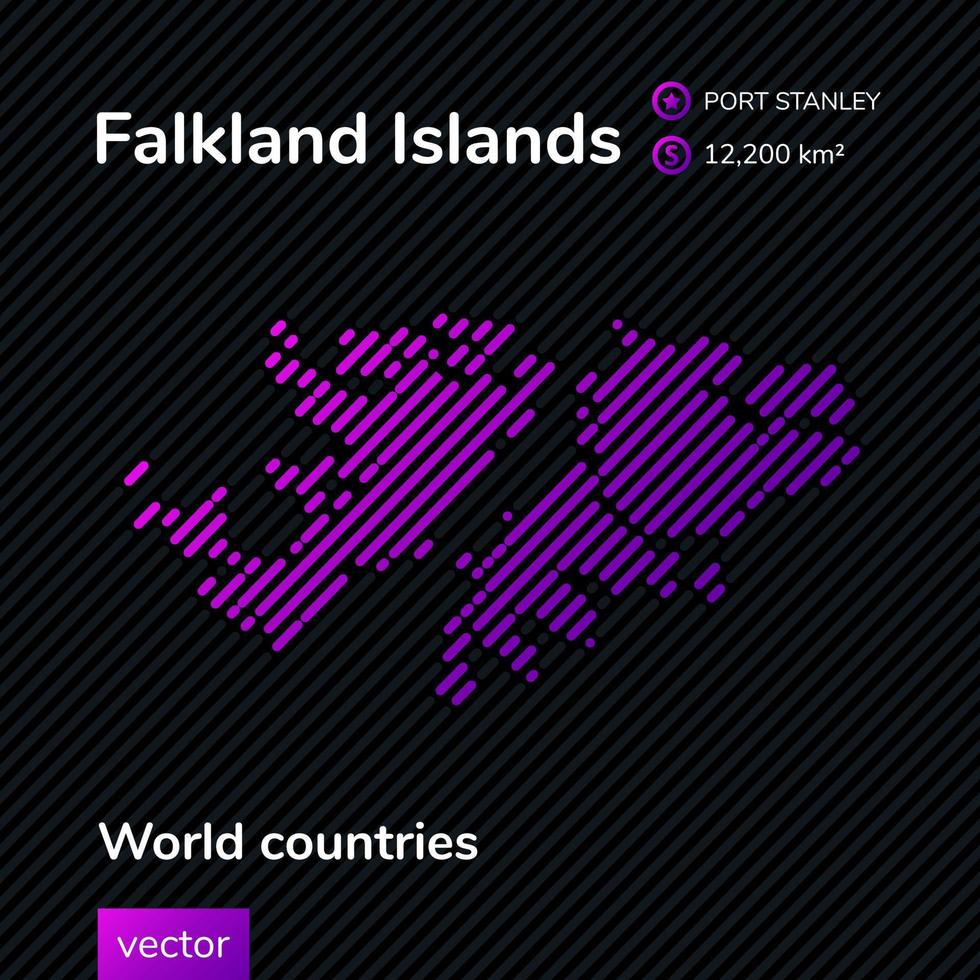 mapa vectorial de las islas malvinas en colores violetas de tendencia sobre fondo de rayas negras. pancarta educativa vector