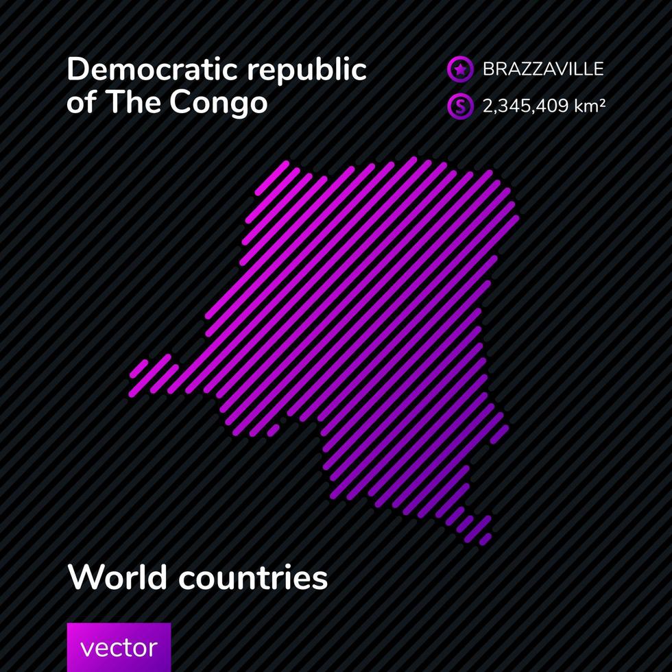 mapa plano vectorial de la república democrática del congo en colores violetas sobre fondo negro rayado. pancarta educativa vector