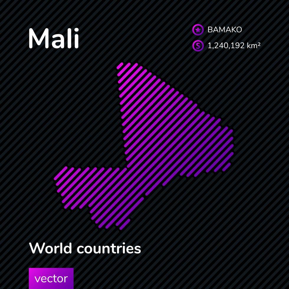 mapa vectorial plano de Malí en colores violetas sobre un fondo negro rayado. icono de mapa estilizado de Malí. elemento infográfico vector