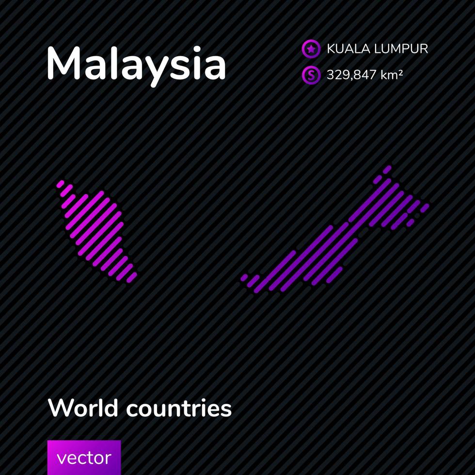 mapa de malasia plano estilizado con rayas vectoriales en colores púrpura sobre fondo negro rayado. pancarta educativa vector