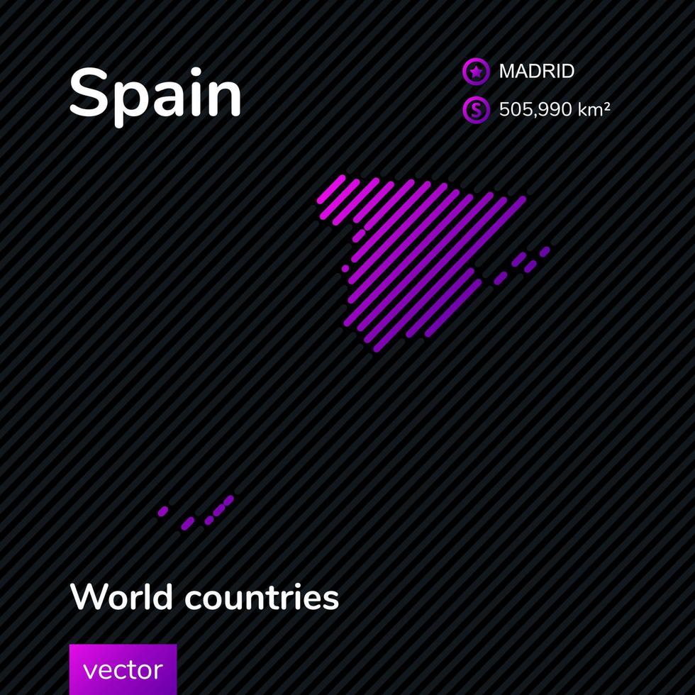 Spain map. Vector creative digital neon flat line art abstract simple map with violet, purple, pink striped texture on black background. Educational banner, poster about Spain