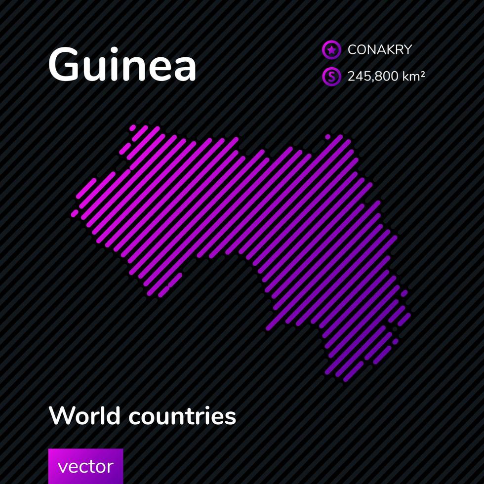 mapa vectorial plano de guinea en colores violetas sobre un fondo negro. mapa estilizado del país. pancarta educativa vector