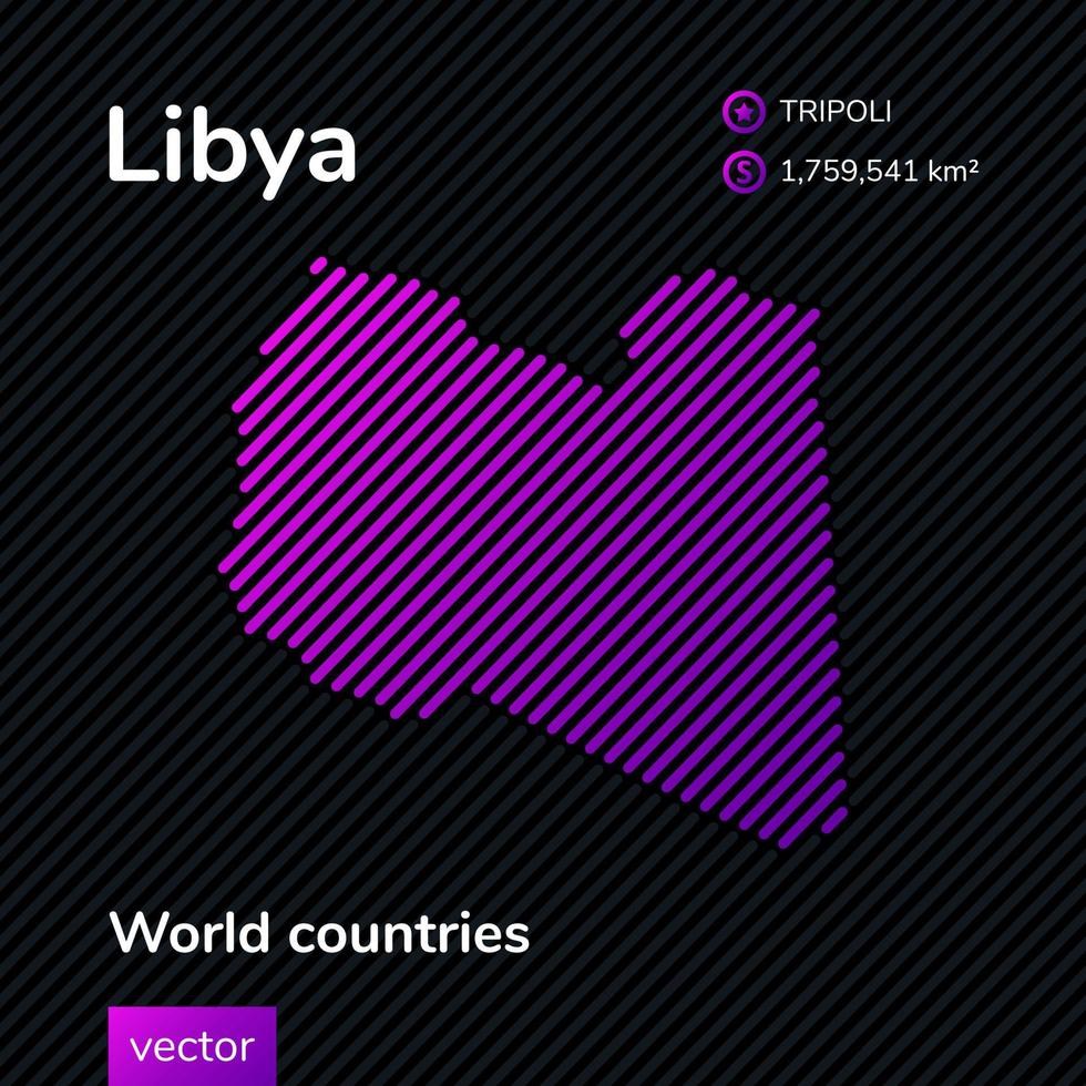 Vector stylized flat map of Libya in violet colors on striped black background. Educational banner