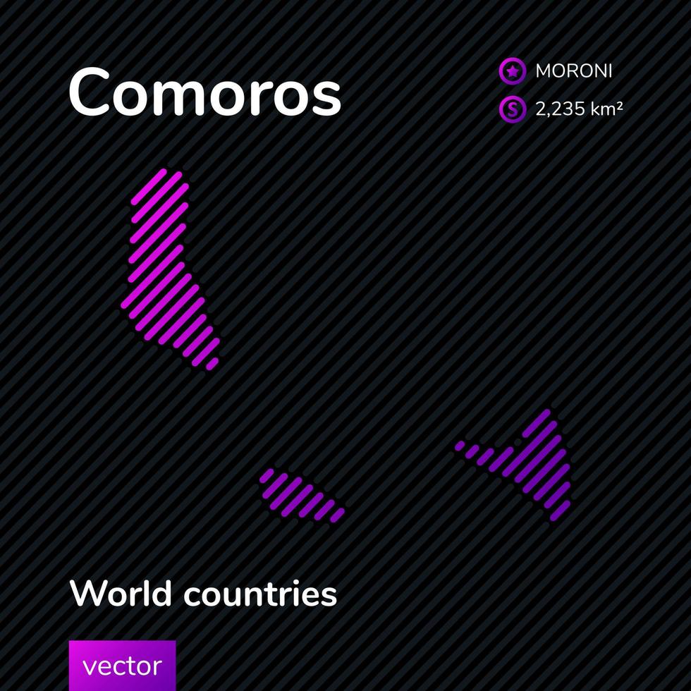 Vector Comoros map in flat style in purple colors on a black striped background. Educational banner