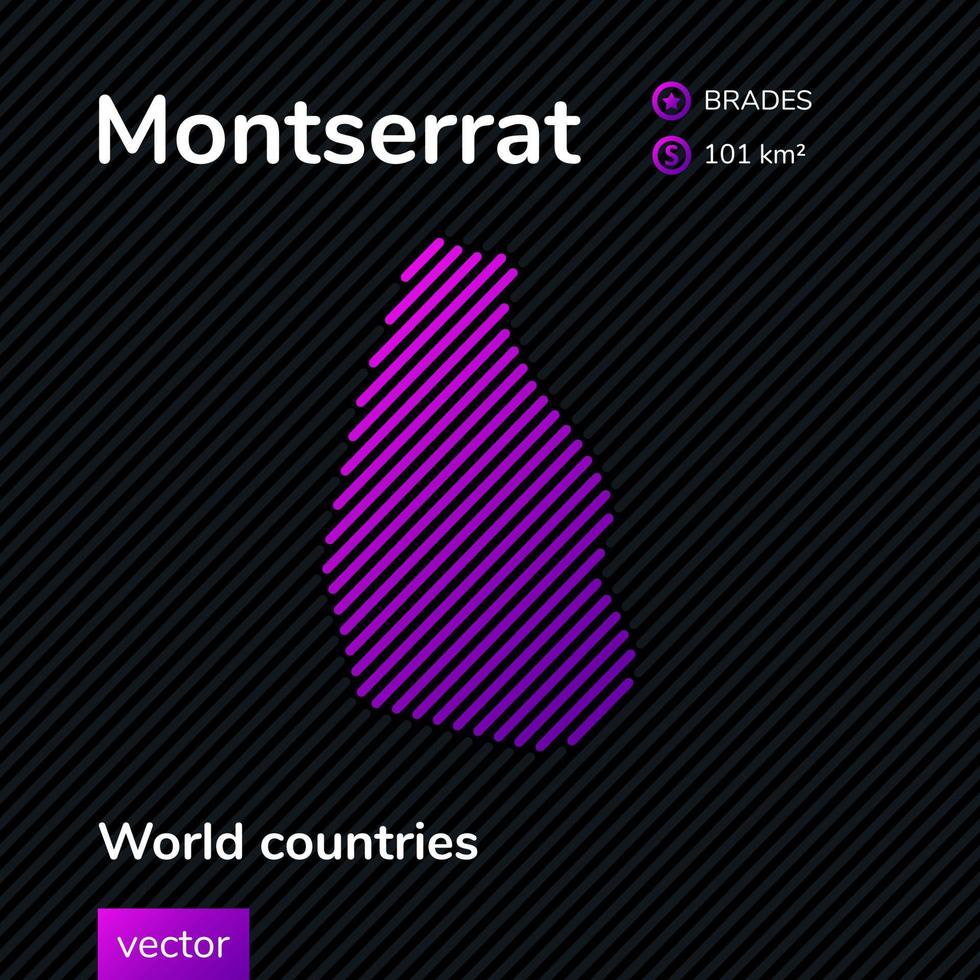 Vector flat map of Montserrat with violet, purple, pink striped texture on black background. Educational banner, poster about Montserrat
