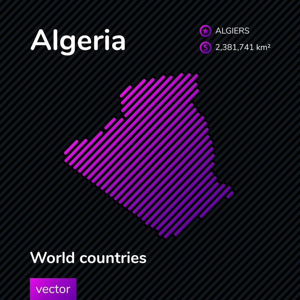 Vector flat map of Algeria in violet colors on striped black background. Educational banner