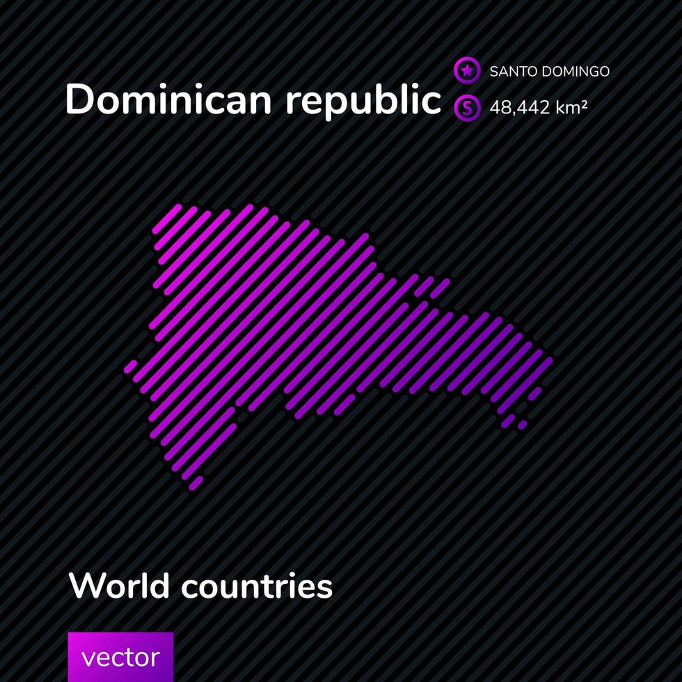 textura de mapa de república dominicana plana vectorial estilizada en colores negro y violeta sobre fondo rayado. pancarta educativa vector