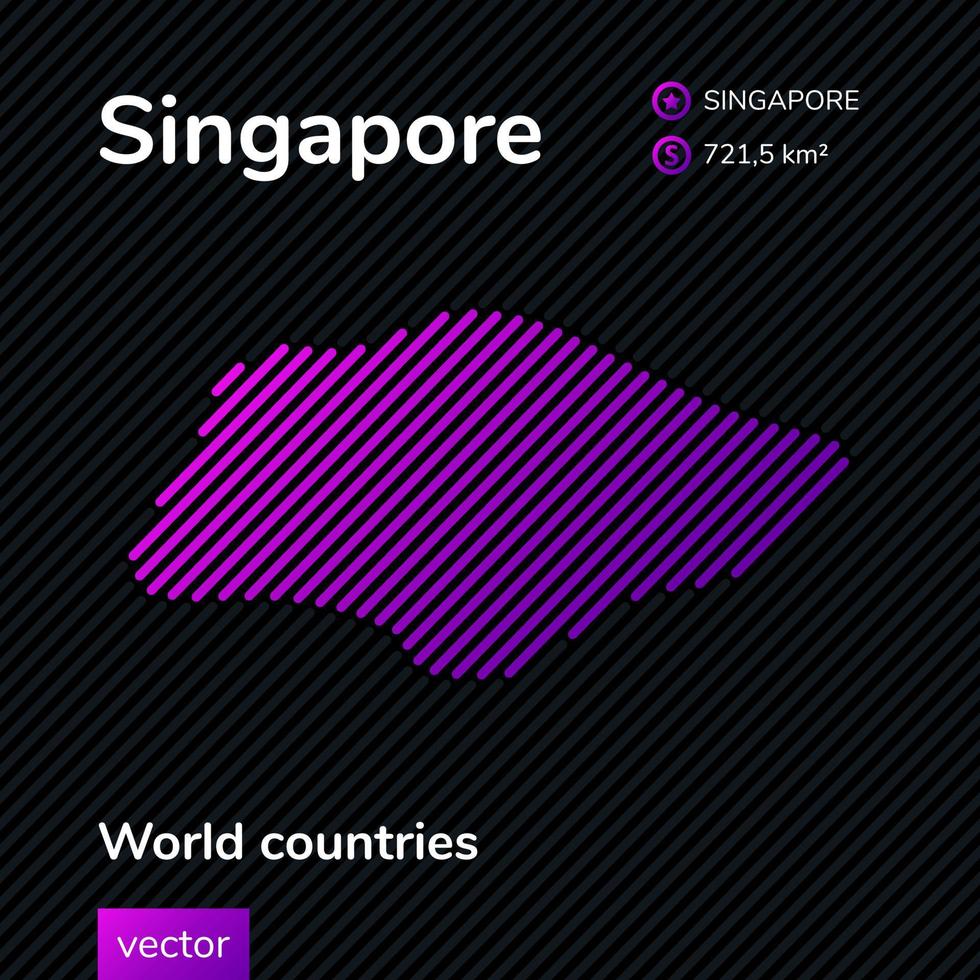 Vector creative digital neon flat map of Singapore with violet, purple, pink striped texture on black background. Educational banner, poster about Singapore