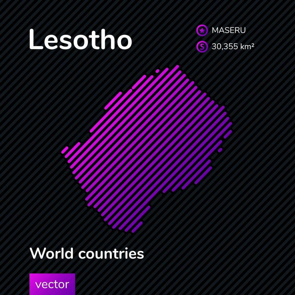 Vector stylized flat map of Lesotho in violet colors on striped black background. Educational banner