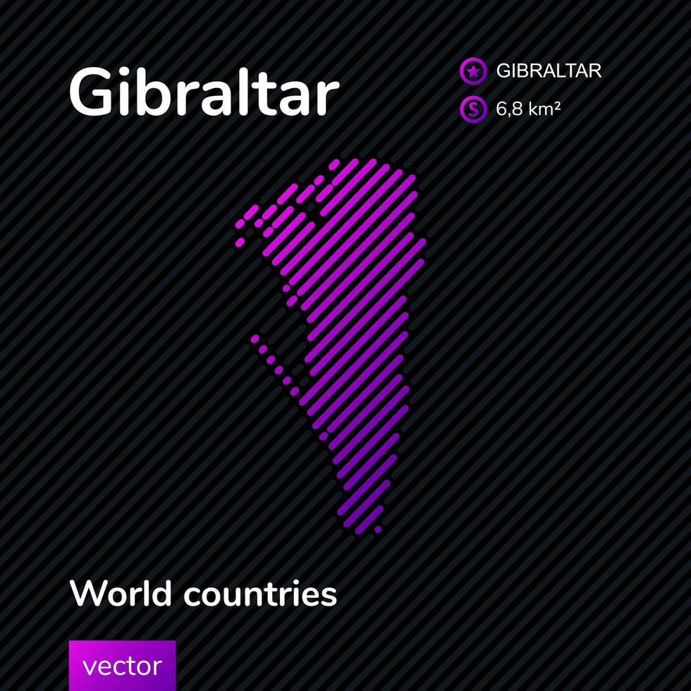 Stylized striped map of Gibraltar, indicating the capital and area in violet, pink and black colors vector