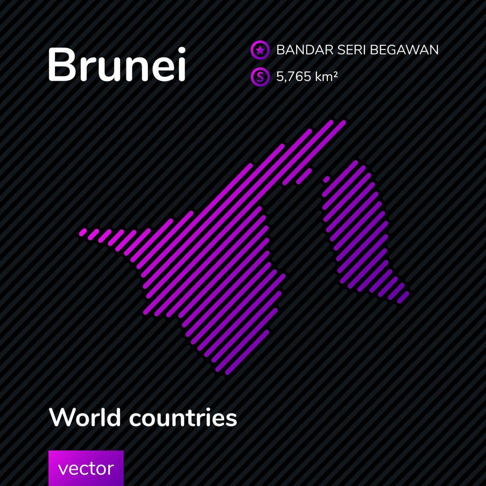 Stylized vector map of Brunei in pink and violet colors on the striped black background in flat style. Educational banner, poster about Brunei