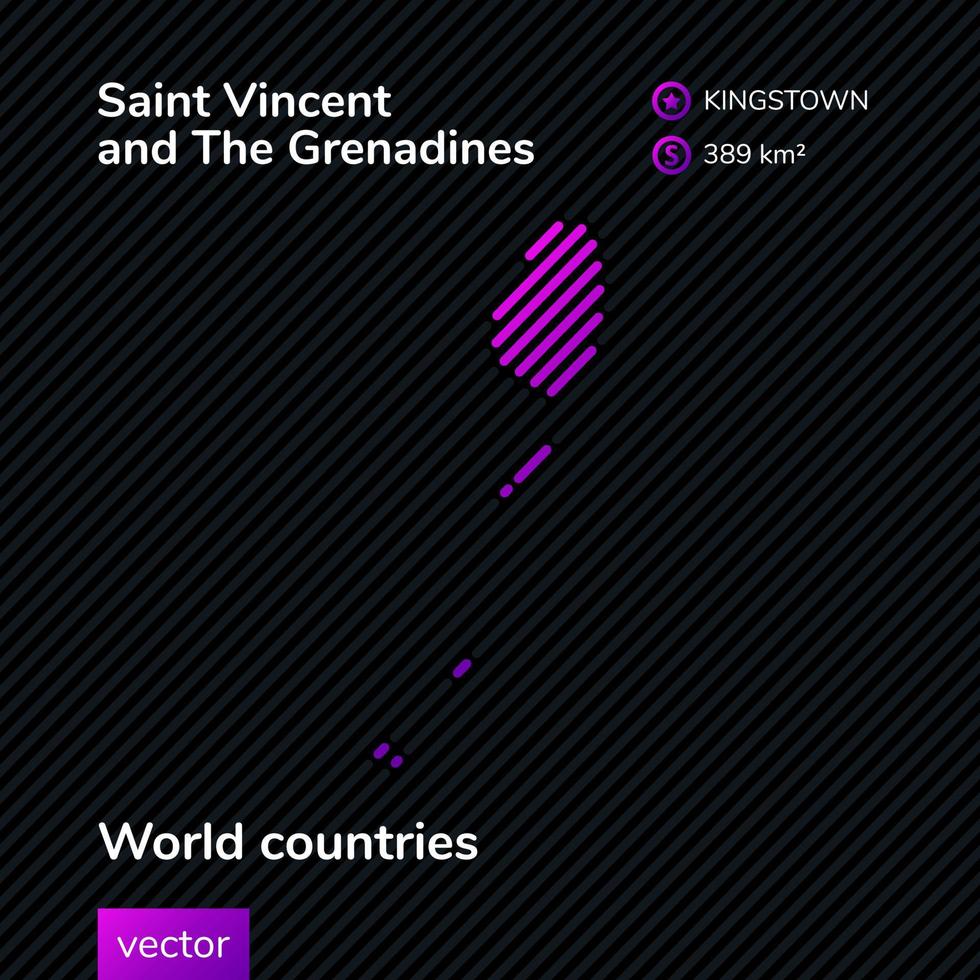 Vector flat map of Saint Vincent and Grenadines in violet colors on striped black background. Educational banner