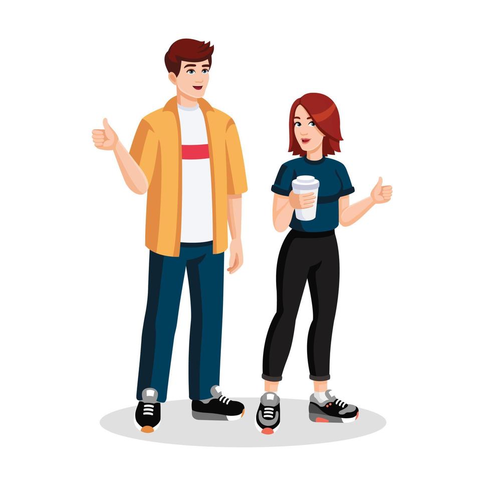 Happy Young Man and woman Showing thumbs up. People show Thumb Up Sign with Fingers. Male and Female Characters with Positive Face Expression. Approval concept. Vector flat illustration cartoon style.