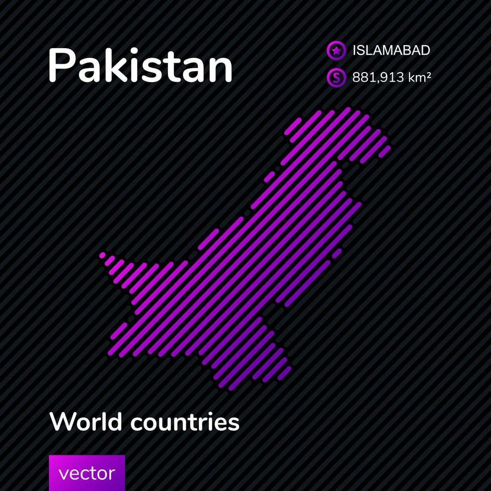 Map of Pakistan. Vector neon flat map with violet, purple, pink striped texture on black background. Educational banner, poster about Pakistan