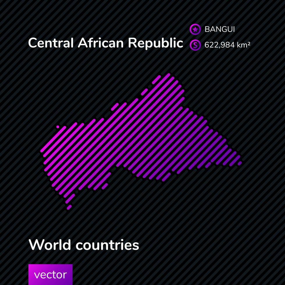 Vector flet map of Central African Republic in violet on black striped background. Educational banner