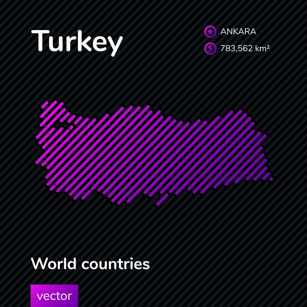Vector flat map of Turkey with violet, purple, pink striped texture on black background. Educational banner, poster about Turkey